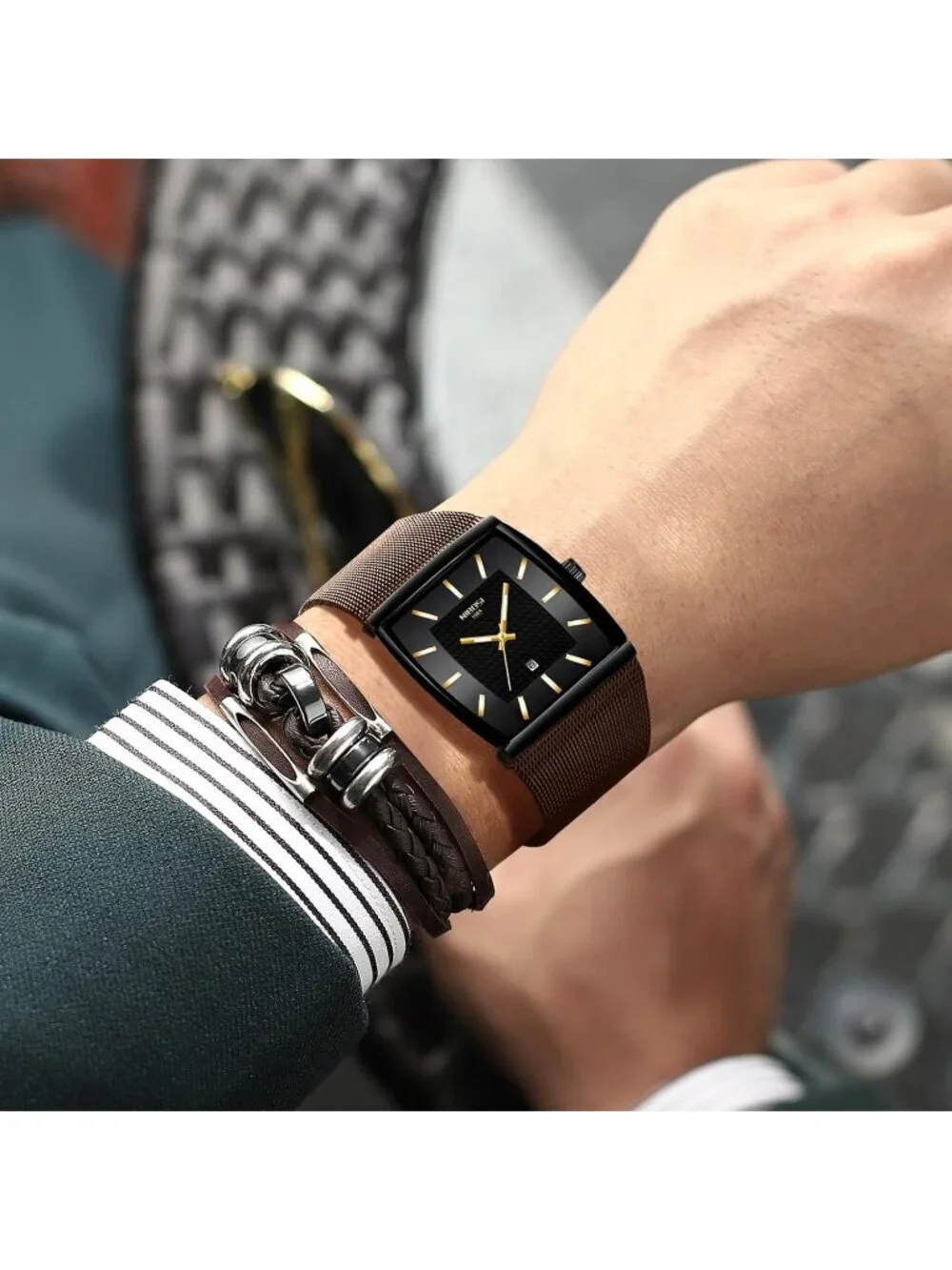 Nibosi Men's Brown Black Square Analog Quartz Stainless Mesh Waterproof Watch